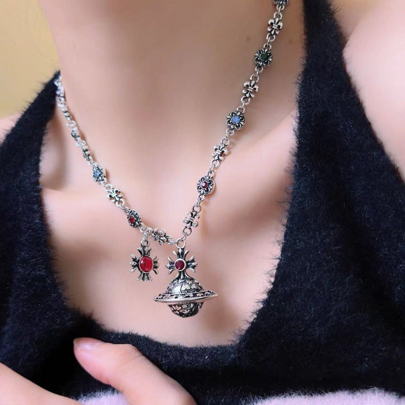 Sweet Cool Spice Girl Style Vintage Old Color Diamond Keke Planet Necklace Women'S Niche Personality Saturn Pendant Clavicle Chain Tide - Image 2